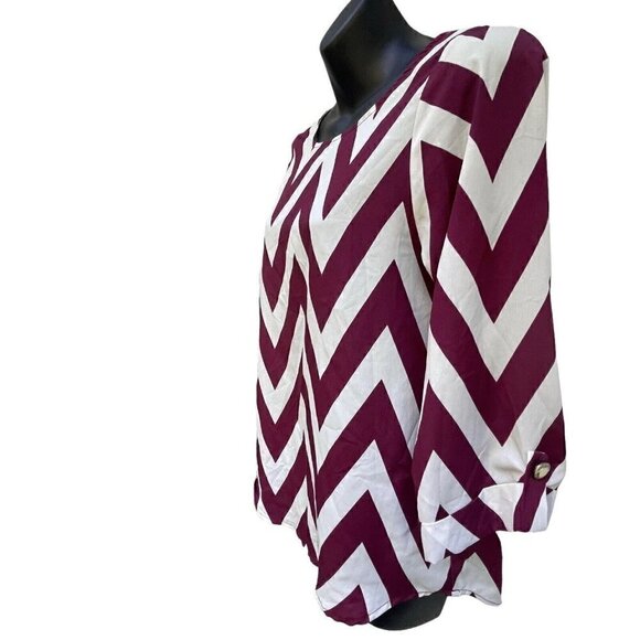 Chevron 3/4 Sleeve Silky Burgundy & White Blouse Dina Be Women’s S Business - Picture 6 of 8